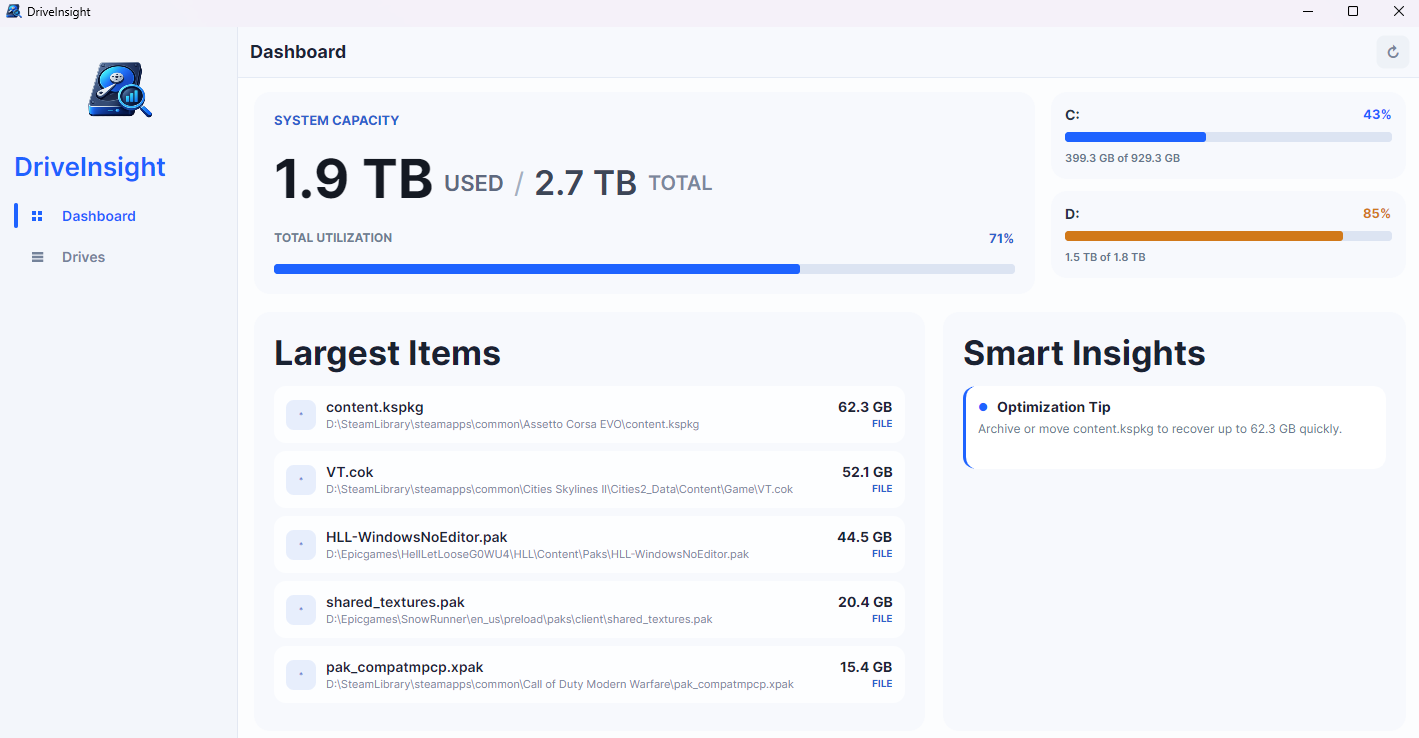 DriveInsight largest files and smart insights view
